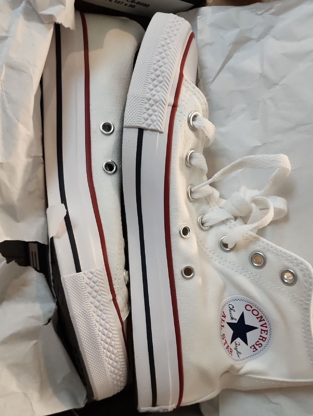 Converse White High Top Sneakers with Red & Navy Stripes